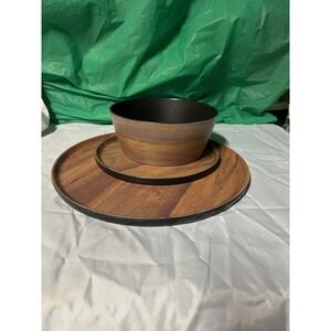 Serving Bowl & Round Tray Set Wood Look Finish Modern Kitchen Decor Used